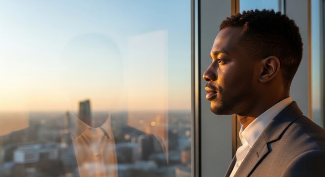 thoughtful man gazing out window at sunset in modern city office, reflecting contemplation