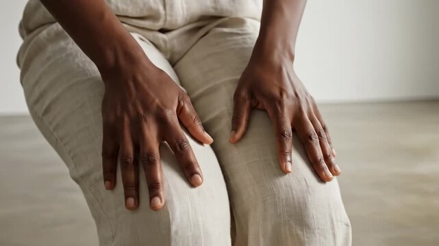 Human figure seated. A serene detail shot of a person sitting with hands resting on their knees, face intentionally excluded from the frame.