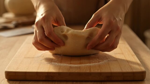 Close up view of hands kneading dough on a wooden cutting board