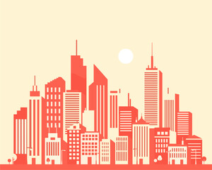 Obraz premium Urban Skyline Illustration at Sunset, Cityscape Design, Graphic Art, Modern Architecture, Vector Art