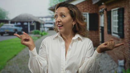 Fototapeta premium Woman in white shirt pointing fingers at sides in front of house building entrance; uncertainty choice.