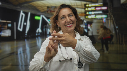 Woman doctor with stethoscope making hashtag finger gesture in busy airport terminal; playful compassion.