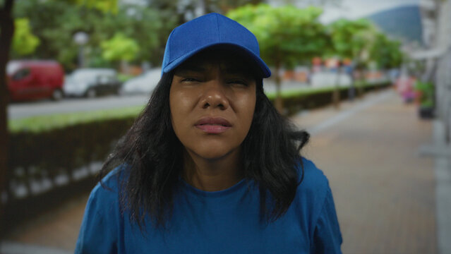 African american woman frowning on urban street in blue cap and shirt; emotional frustration.