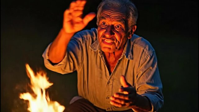 Congolese storyteller shares tales by the fire while using hand movements to illustrate his points