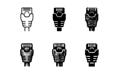 Collection of six different styles of RJ45 Ethernet connector icons on a white background
