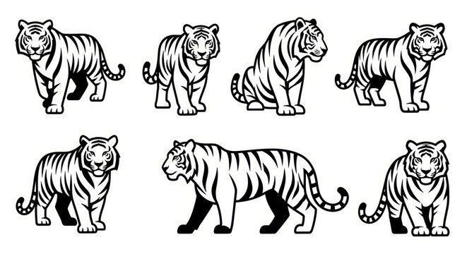 Set of Tiger Illustrations: Various Poses and Styles