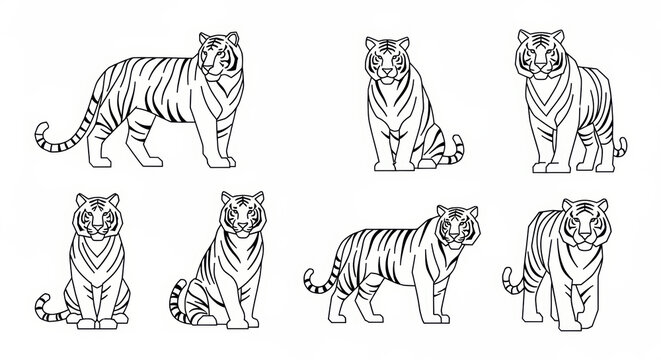 Set of tiger illustrations, outline drawings of tigers in various poses, vector art