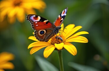 Obraz premium Peacock butterfly rests on bright yellow rudbeckia flower with small bee nearby. Insect enjoys nectar from blossom in garden. Macro shot shows nature details in summer.