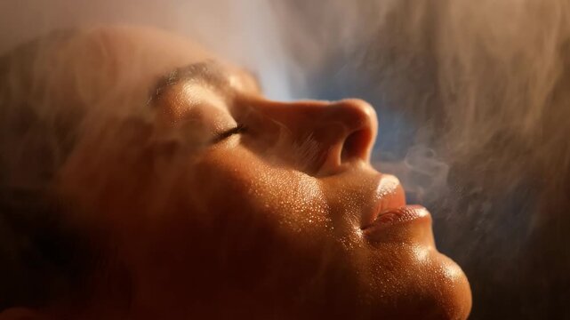 Closeup medium shot of warm steam enveloping a clients face to open pores before applying serum for deep hydration.