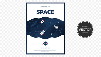 Colorful space-themed sale poster featuring rockets and astronauts on a dark background. © Premium_art