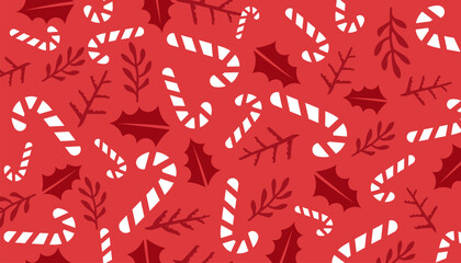 Obraz premium Festive red pattern with white candy canes and green leaves, perfect for holidays.