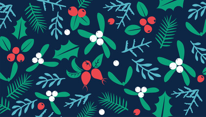 Festive botanical pattern featuring red berries and green leaves on a dark background. © Premium_art