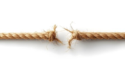 Broken rope on white background, symbolizing failure, separation, or end of a relationship, rope breaking, frayed ends, disconnection concept, isolated on white