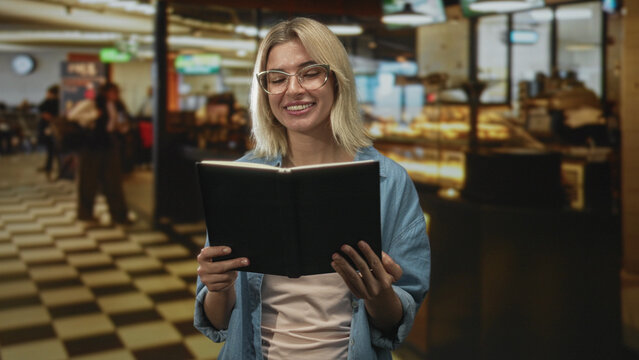 Woman reading book, smiling and holding the open hardcover while standing in a busy building cafe by a bakery counter and checkered floor; relaxed contentment.
