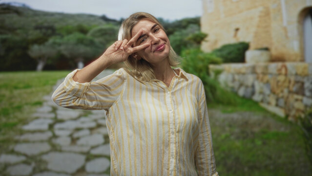 Young woman flashing a peace sign with her hand by her face in front of a stone building and a paved path; playful joy.