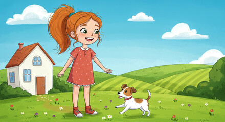 Fototapeta premium Girl and dog playing in a sunny field.