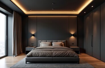 Modern dark bedroom interior with built-in wardrobe and king size bed. Warm ceiling lights create cozy atmosphere. Large window offers city view.