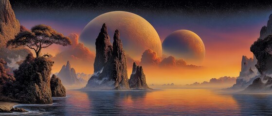 Otherworldly Alien Landscape With Giant Planets Over a Fiery Ocean Horizon at Dusk