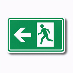 charcoal drawing, green emergency exit sign with running figure and arrow, isolated on white background indicating a safe escape route