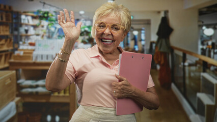 Woman holding pink clipboard waves hand in a building store with shelves and products visible  warm greeting welcoming. © Krakenimages.com