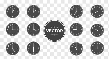 Vector illustration of various clocks on a transparent background.