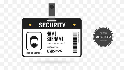 Security ID badge design with a placeholder name and location details.