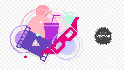 Colorful vector illustration of movie elements including film reel and 3D glasses.