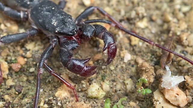 Macro Close-Up of Whip Scorpion (Vinegaroon) with Reddish Claws and Black Exoskeleton