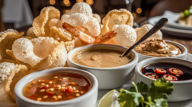 Assortment of appetizers and sauces on a plate ready to be served