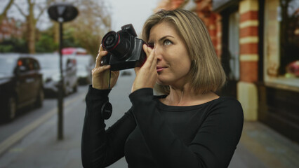Young blonde woman holding camera to eye on city street  creativity inspiration curiosity exploration. © Krakenimages.com