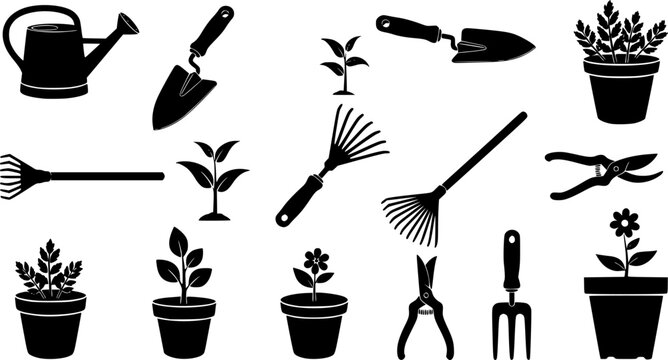 Collection of black silhouette icons depicting various gardening tools and potted plants for home growing
