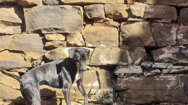 A Doberman Pinscher walks along the remains of the walls of the Jesuit mission of San Ignacio Mini do Guaranisi. Argentina.
