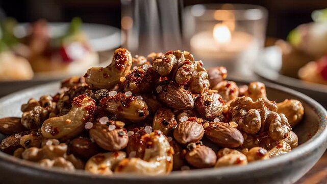 Close up of a bowl of assorted nuts with salt elegant food photography