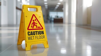 Caution wet floor sign in a public place, warning of slippery surfaces and potential hazards, safety alert for wet floors.