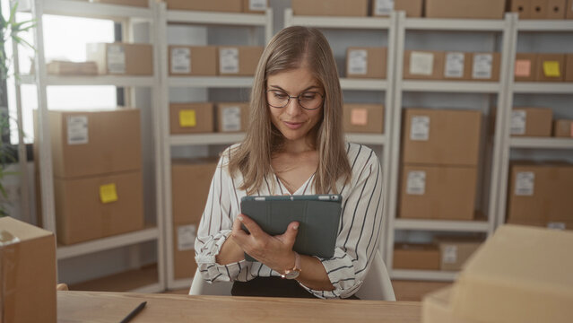 Woman taps tablet screen with both hands among shelves of cardboard packages in building; concentration.