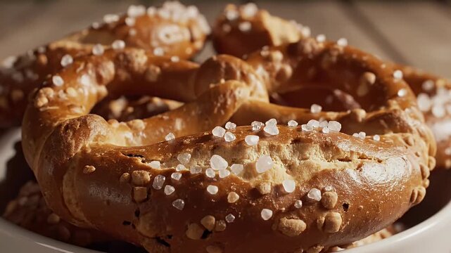 Close up of baked pretzel with coarse salt on a plate