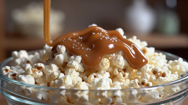 Close up of caramel sauce pouring over fresh popcorn in a glass bowl
