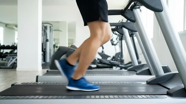 Athlete running on a treadmill with blue athletic shoes in a modern fitness center