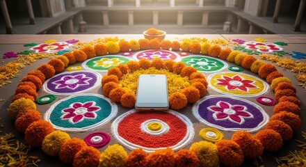 Intricate Indian Rangoli Art with Marigold Garlands and a Central Smartphone, Traditional Celebration