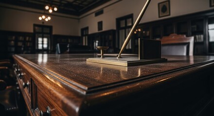 Elegant Old-World Study Polished Wooden Desk with Quill Pen in Historic Library Atmosphere