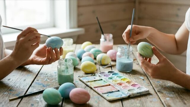Hands decorating colorful pastel eggs on rustic wooden table for spring holiday celebration