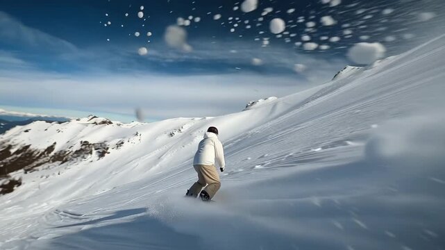 Freeride snowboarder carving down a snowy mountain slope
