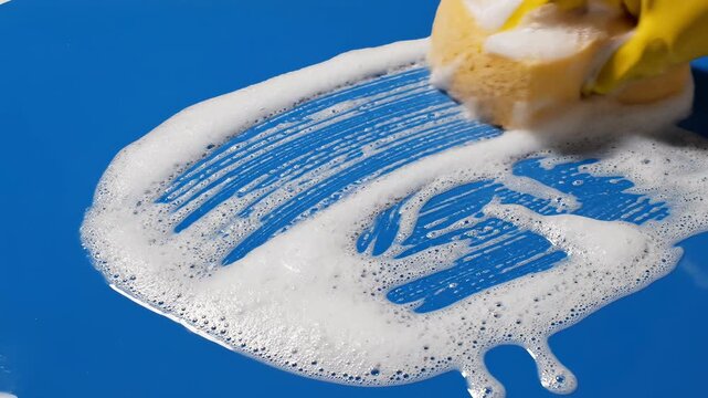 Yellow gloved hand actively scrubbing blue surface with sudsy sponge