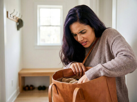 Woman searching for lost item in her handbag at home