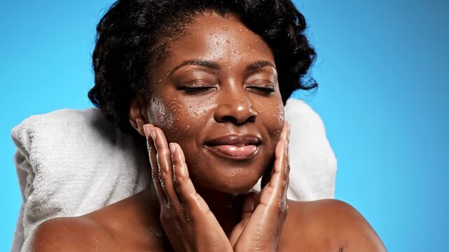 Black woman with wet skin washing face, hands touching glowing complexion with water droplets on blue background