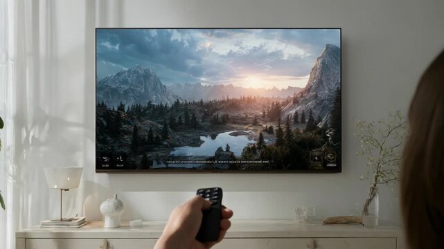 Adjusting settings on smart LED TV mounted on wall surrounded by minimalist decor enhancing cinematic atmosphere with crystalclear picture quality.