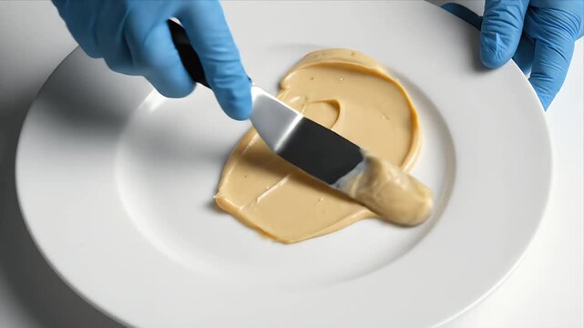 Close Up Of Blue Gloved Hands Spreading Smooth Beige Cream On A White Plate With A Metal Spatula