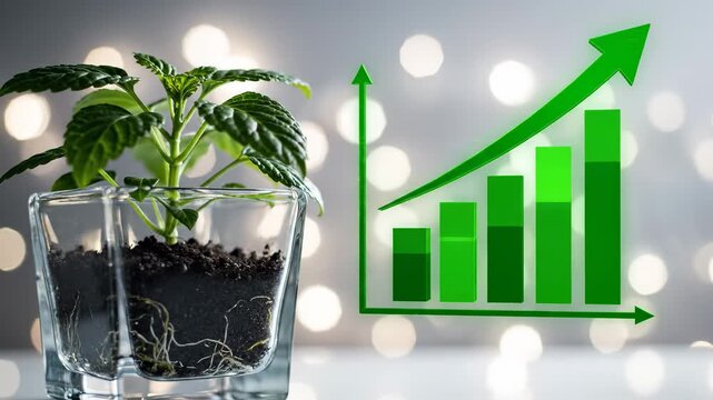 Small green plant in glass pot next to growing economic bar graph with upward arrow