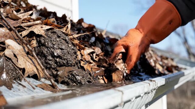 Person wearing orange glove clearing clogged rain gutter filled with wet autumn leaves and muddy debris