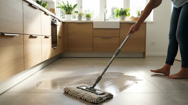 Person mopping modern kitchen floor with a flat mop and bare feet doing household chores
